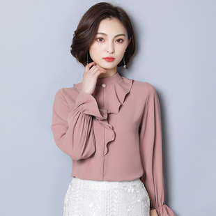 职业衬衫女长袖韩版2018秋季女装修身纯色立领打底衫1805