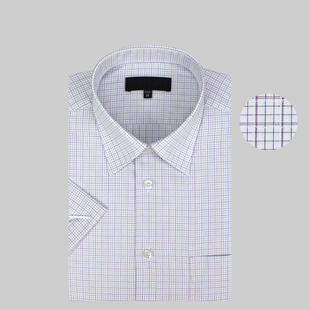 夏季纯棉免烫男士高档白底紫格短袖衬衫 男士商务绅士半袖衬衣