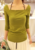 方领修身显瘦蓝白条纹中袖T恤打底衫伊美人*韩