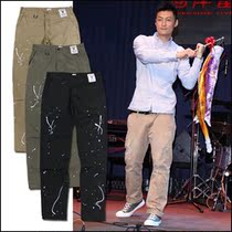 大牌明星不规则涂鸦男士休闲裤秋装丝绒<em>卡其</em>布