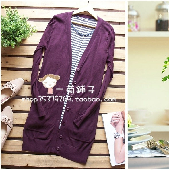 外单去标<em>棉线</em>V领修身<em>长款开衫</em>针织衫 紫罗兰/