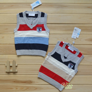 安贝儿全棉毛线<em>马甲套头</em>V领<em>条纹</em>男<em>宝宝马夹</em> 秋