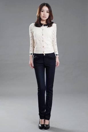 魅惑坊 女式牛仔长裤 小直筒牛仔裤 修身全棉微