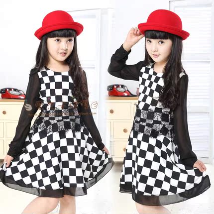 童装女童2013秋装黑白格子连衣裙<em>雪纺长裙小</em>