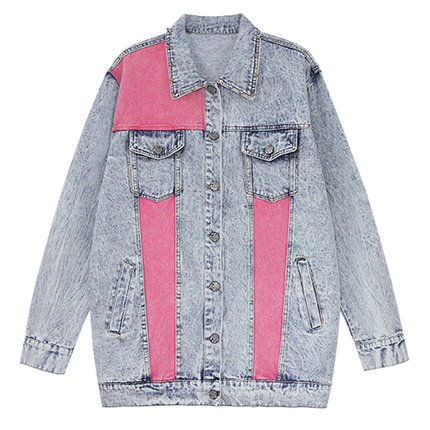 韩国进口拼接撞色荧光水洗雪花铆钉牛仔外套风