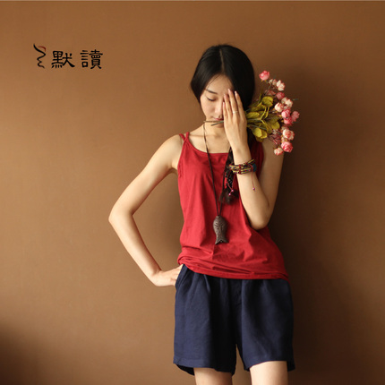默读夏款文艺纯色显瘦<em>松紧腰</em>亚麻<em>短裤女</em>热裤双