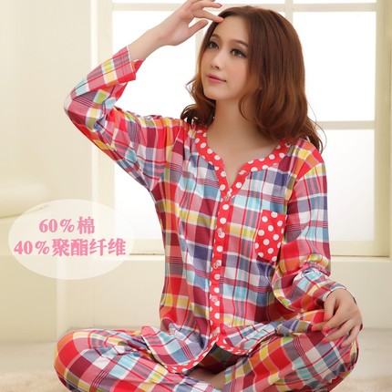 铭娜春秋全棉纯棉格子女士长袖大码<em>开衫睡衣</em>套