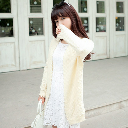 2014<em>韩版</em>春装女装<em>珍珠</em>边长款<em>毛衣开衫外套宽</em>