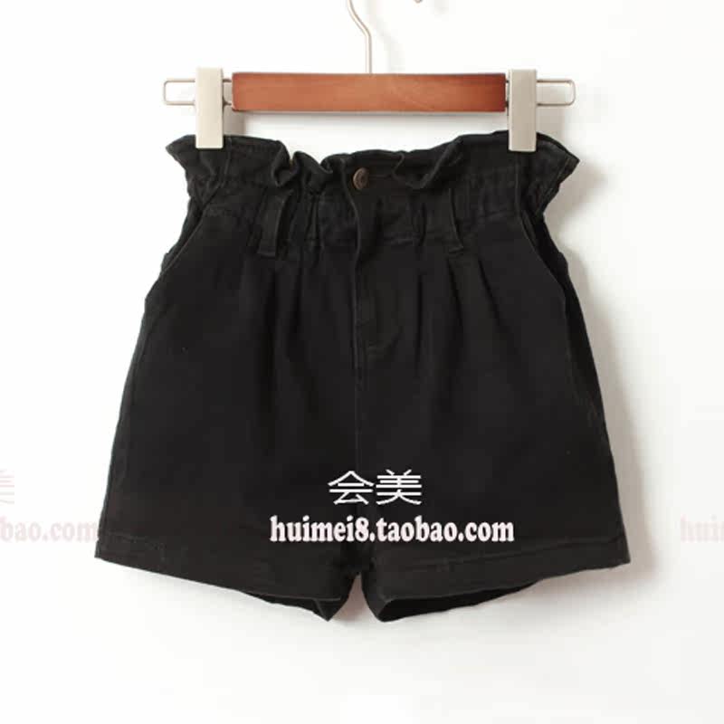 AMG欧美复古风春夏装<em>黑色</em>牛仔<em>女短裤松紧</em>腰