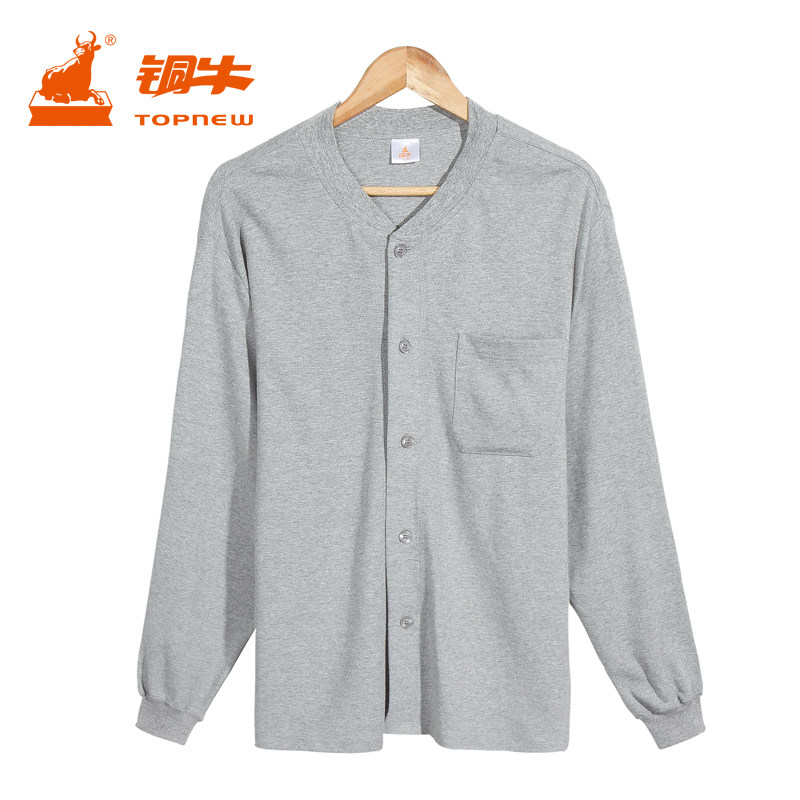 铜牛<em>内衣</em>春秋装中<em>老年人</em>麻灰<em>棉毛</em>男开襟衫男子
