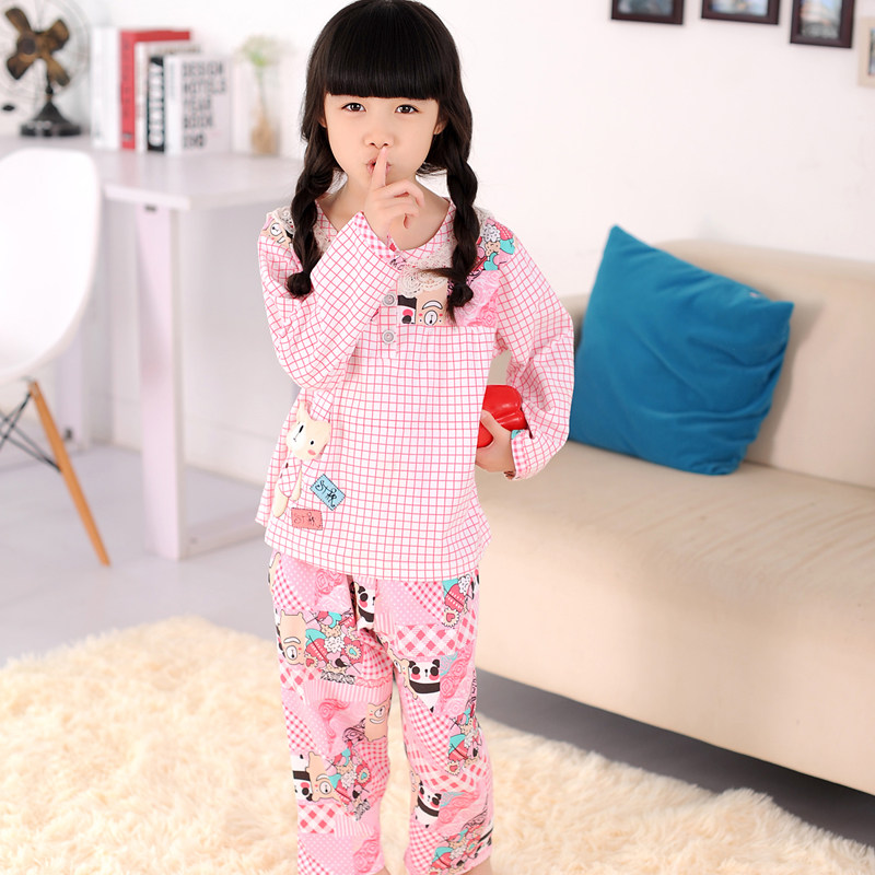 女童春秋季<em>睡衣</em>套装家居服格子卡通<em>儿童款</em>纯棉