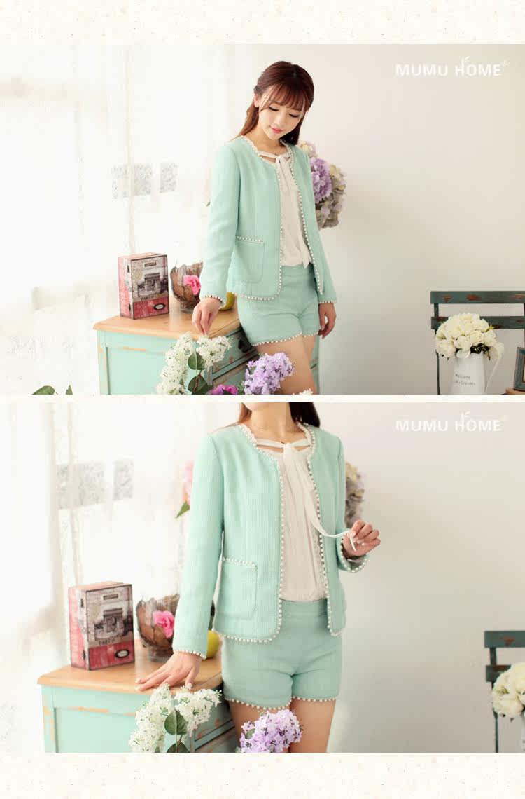 【<em>木木家</em>.秋甜美钉珠<em>毛呢短裤</em> 名媛小香风气质