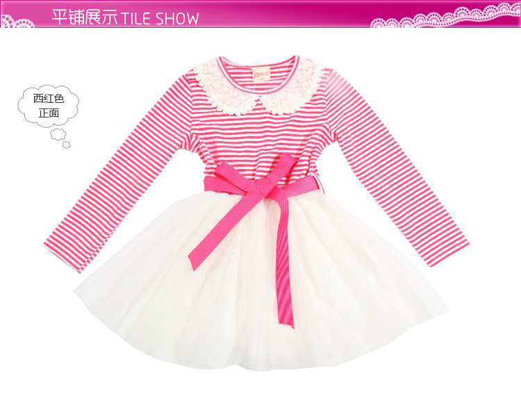 Jingle baby clothes girls Mitch 2013 spring new children's stitch long sleeve embroidery round neck stripes dress
