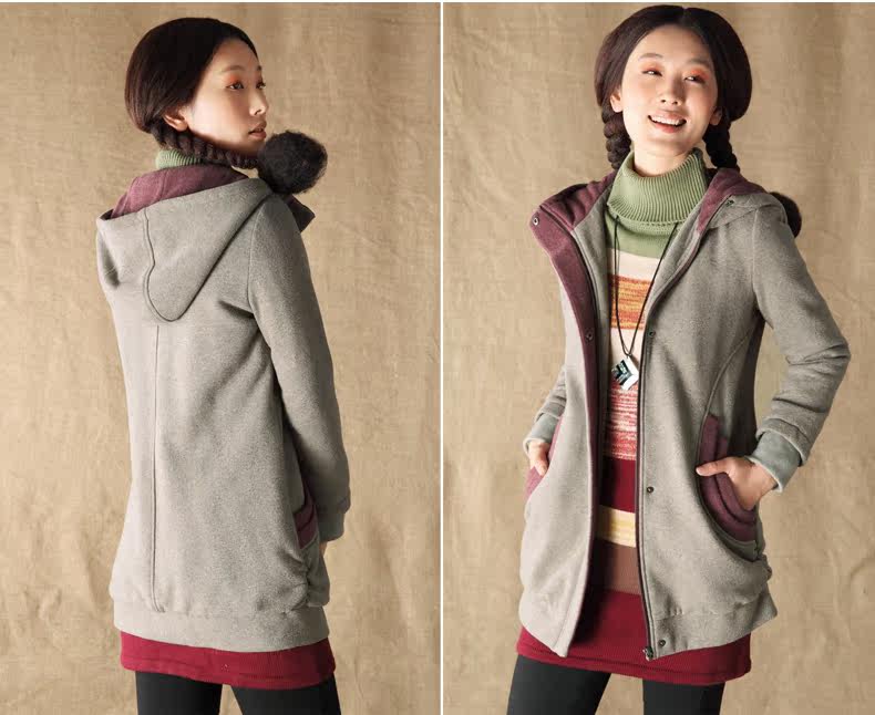 【<em>茵曼</em> 2013冬季拼接长袖纯棉<em>连帽开衫外套</em>【