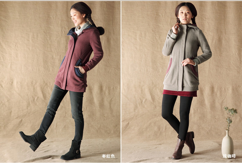 【<em>茵曼</em> 2013冬季拼接长袖纯棉<em>连帽开衫外套</em>【