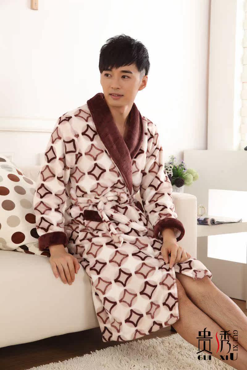 【贵绣正品<em>男士珊瑚绒睡袍</em>加大码加厚<em>睡衣</em> 秋