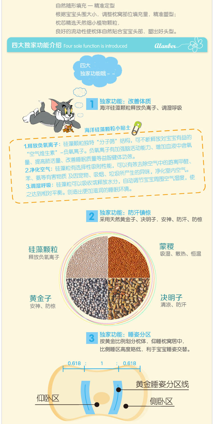 阿兰贝尔儿童枕头和猫和老鼠0-5岁宝宝阶梯塑型枕