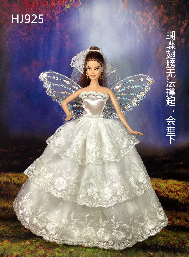 【满百包邮】正品芭比娃娃婚纱裙 晚装礼服 配头纱手套 hy102