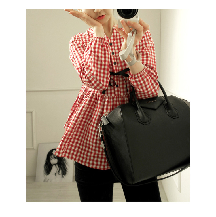 蓬蓬格子衬衫女长袖纯棉韩版女衬衣修身立领小