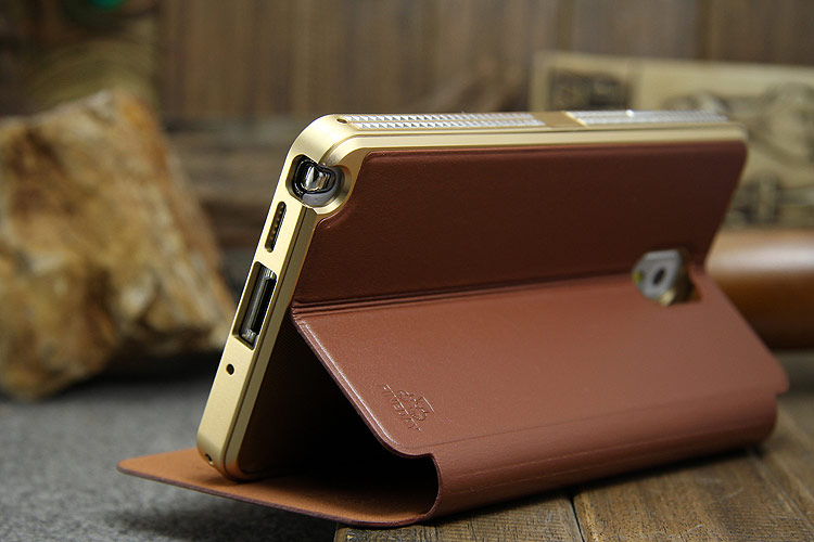 iMatch Luxury Aluminum Metal Bumper Premium Genuine Leather Flip Magnetic Case Cover for Samsung Galaxy Note 3