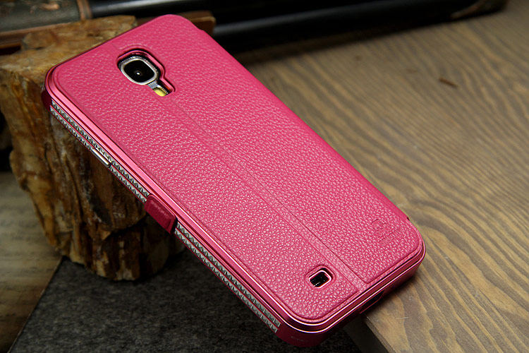 iMatch Luxury Aluminum Metal Bumper Premium Genuine Leather Flip Magnetic Case Cover for Samsung Galaxy S4