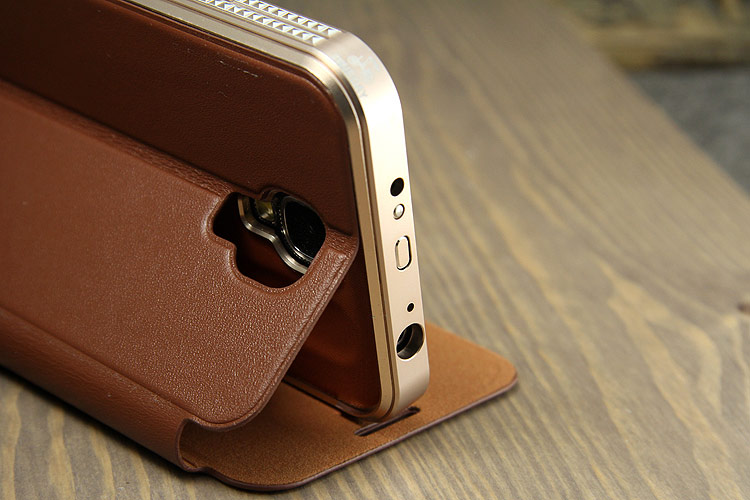 iMatch Luxury Aluminum Metal Bumper Premium Genuine Leather Flip Magnetic Case Cover for Samsung Galaxy S4