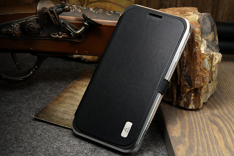 iMatch Luxury Aluminum Metal Bumper Premium Genuine Leather Flip Magnetic Case Cover for Samsung Galaxy S4