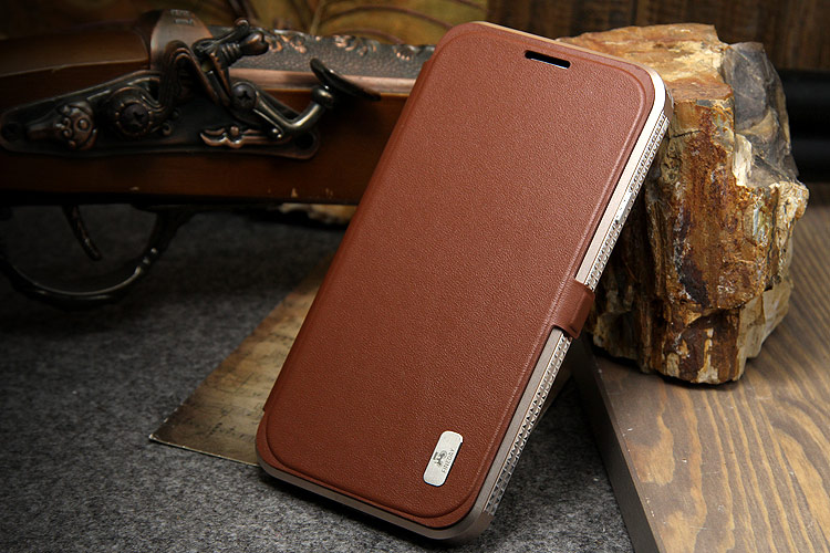 iMatch Luxury Aluminum Metal Bumper Premium Genuine Leather Flip Magnetic Case Cover for Samsung Galaxy S4