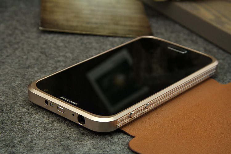 iMatch Luxury Aluminum Metal Bumper Premium Genuine Leather Flip Magnetic Case Cover for Samsung Galaxy S4