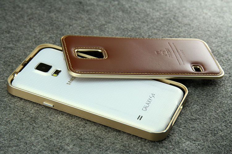 iMatch Luxury Aluminum Metal Bumper Premium Genuine Leather Back Cover Case for Samsung Galaxy S5