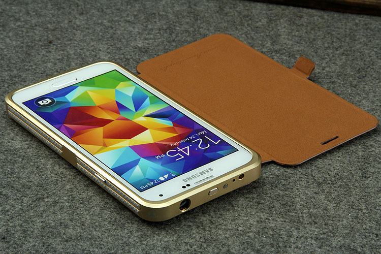 iMatch Luxury Aluminum Metal Bumper Premium Genuine Leather Flip Magnetic Case Cover for Samsung Galaxy S5