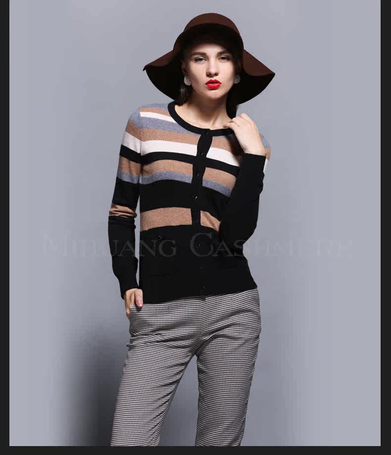 <em>米皇</em> 女式<em>羊绒开衫</em>秋 经典条纹圆领长袖纯<em>羊绒</em>