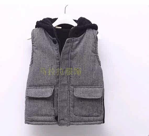 【冬装韩版新款儿童<em>棉马甲</em>格子拼接男童外套戴