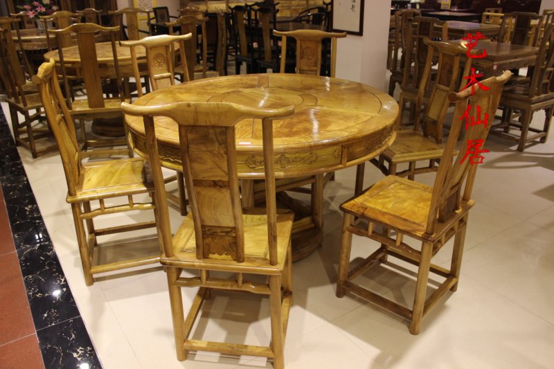 红木家具金丝楠木圆形餐桌椅子精品丁丁楠老料明清古典实木家具