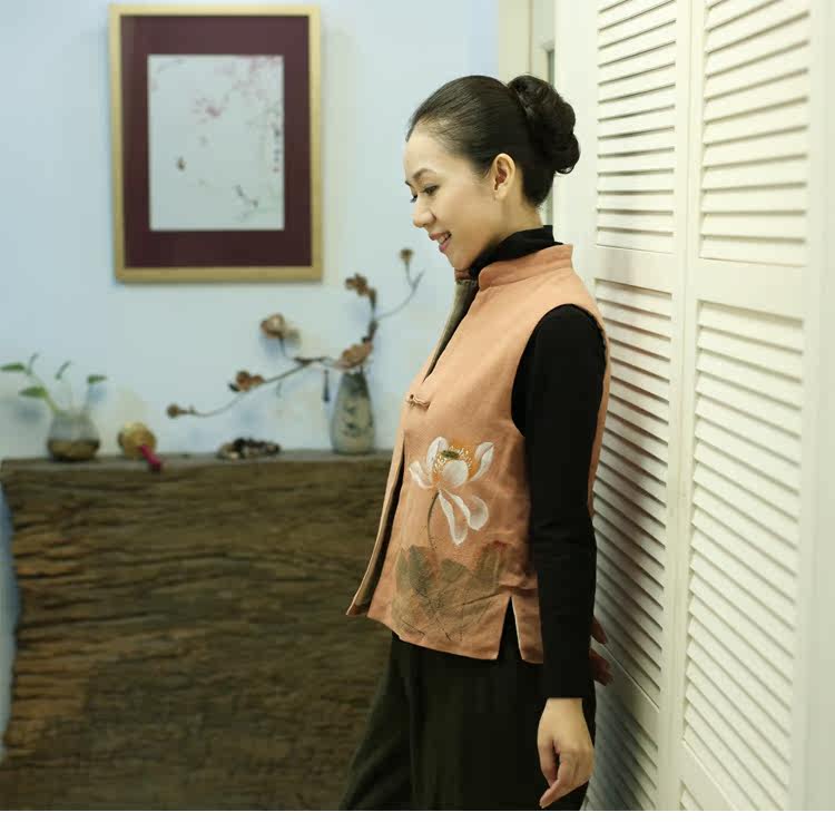 佛笑缘之为我放晴容 中式纯麻<em>马夹</em> 绿玉扣 <em>手绘</em>