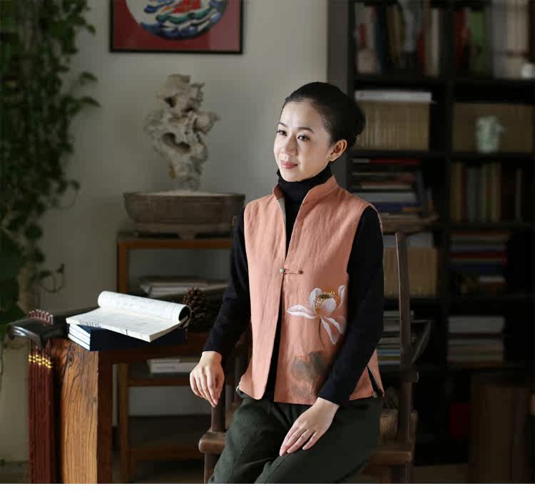 【佛笑缘之为我放晴容 中式纯麻<em>马夹</em> 绿玉扣 手