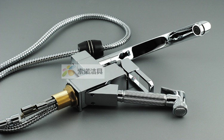 【洗菜盆全铜厨房水龙头冷热 单孔抽拉式 带增