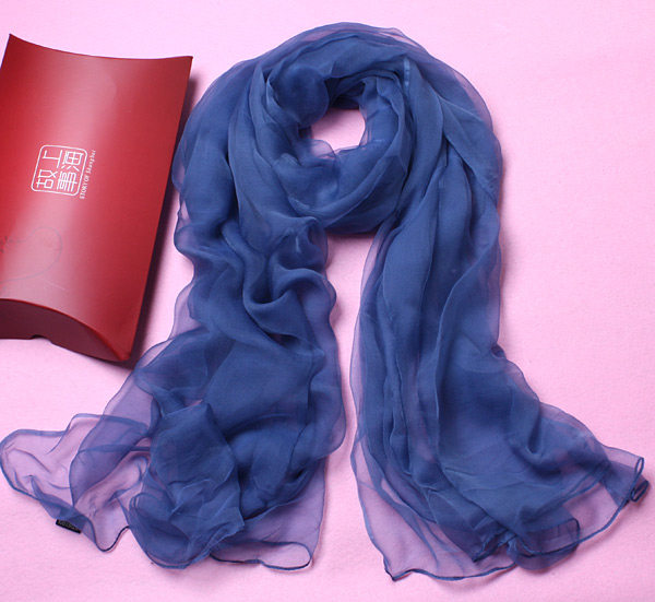 pure ocean blue colour thin real silk scarf