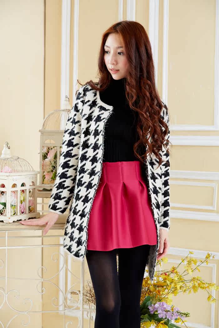 新品甜美优雅高端品牌服饰千鸟格松鼠<em>毛开衫</em>毛