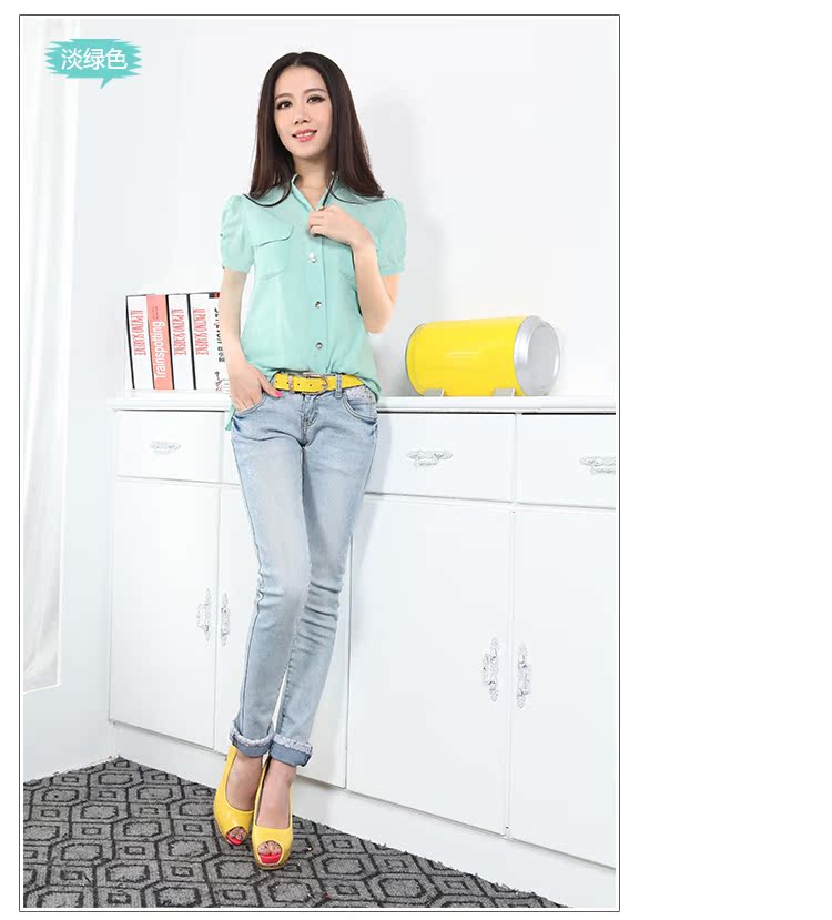 2013 summer wear Women Short sleeve shirt Korean version easy Chiffon shirt Big size shirt puff sleeve stand collar new pattern commute
