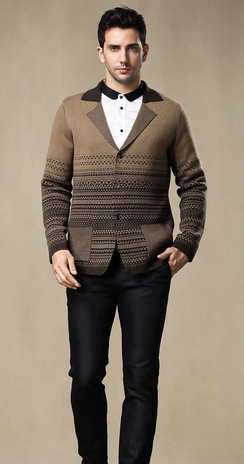 camel骆驼男装 冬装新款<em>翻领</em>提花毛衣 <em>开衫羊</em>