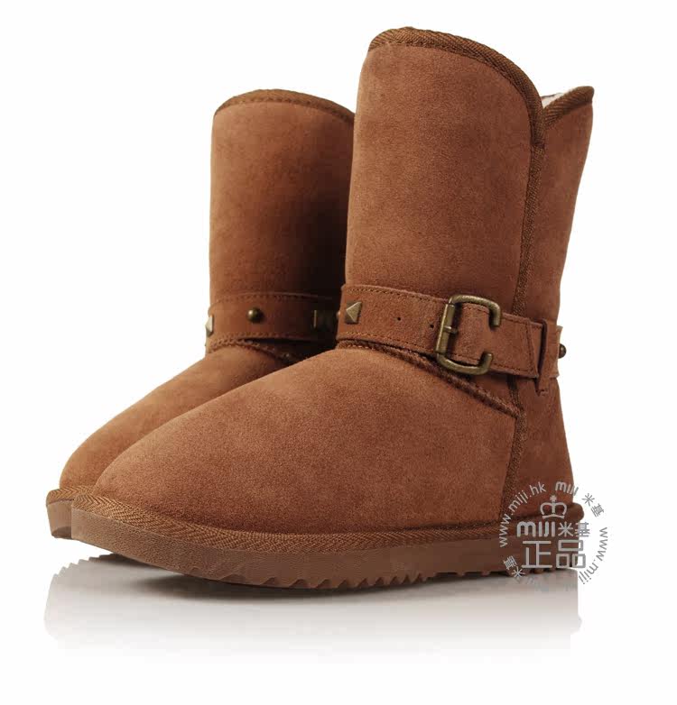 New leather snow boots female rivet metal belt buckle in boots sub