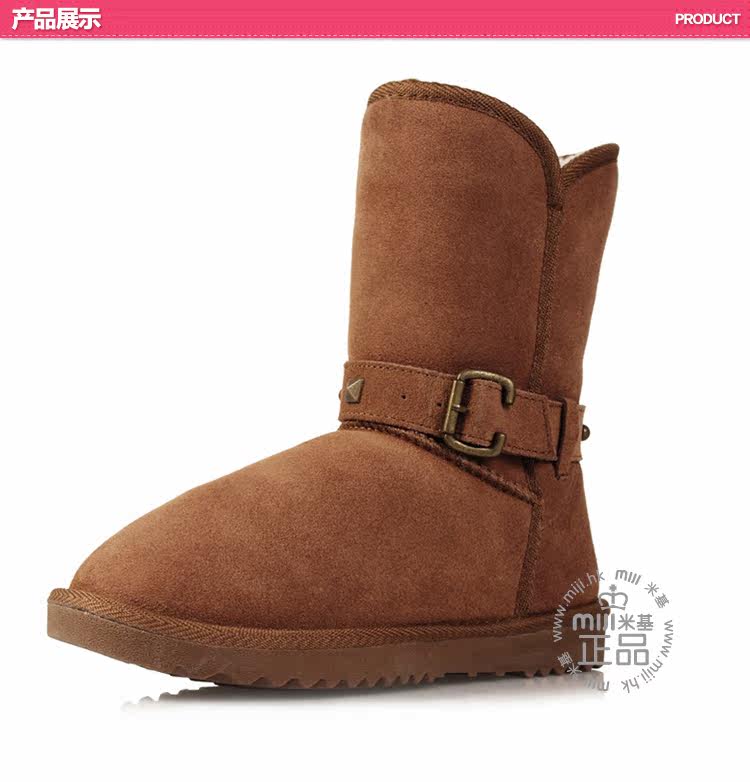 New leather snow boots female rivet metal belt buckle in boots sub