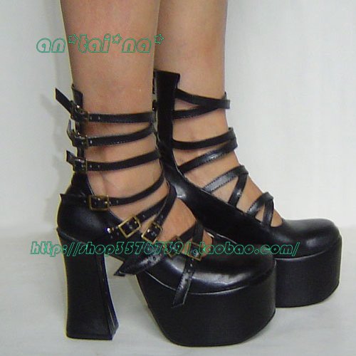 ◢ an * tai * na * ◣   LOLITA   COS   PUNK Super high heel many belt Queen shoes   9804-1   black