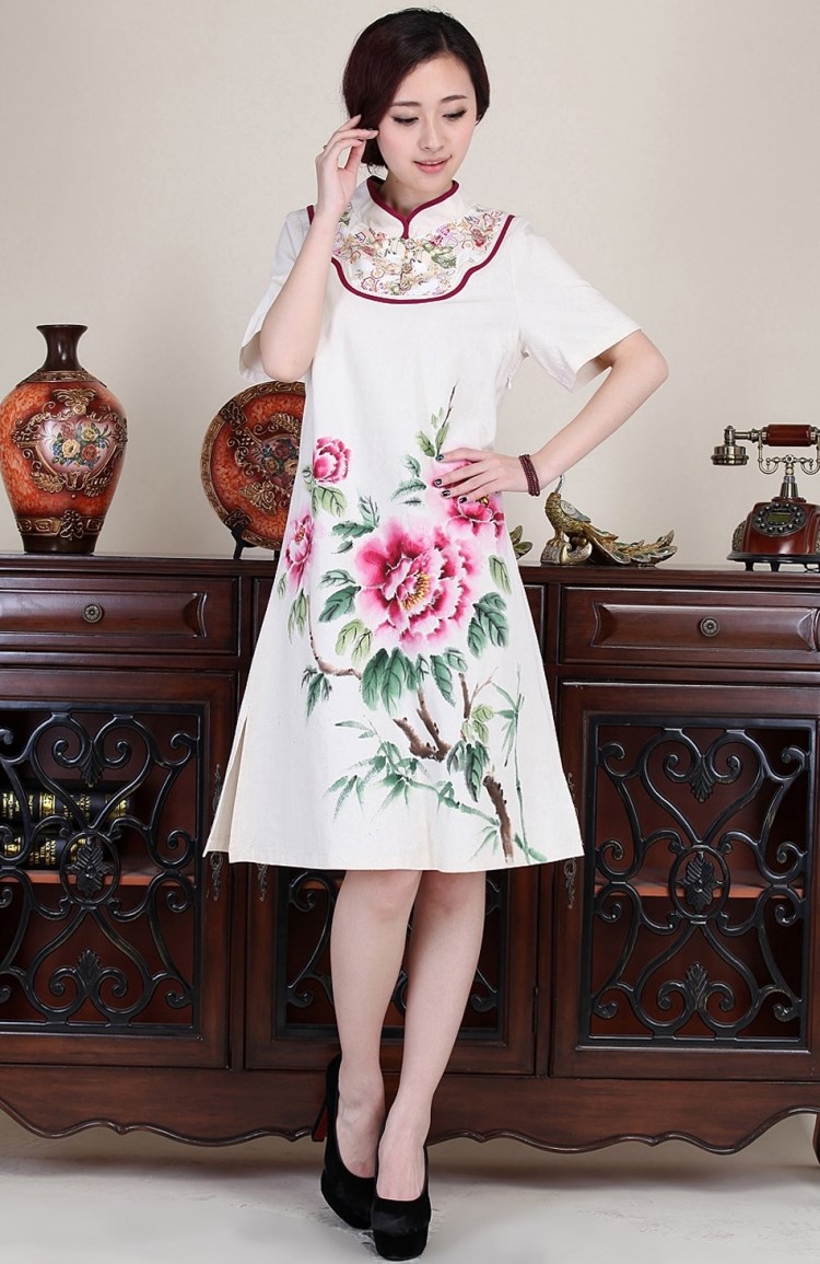 2014 春秋新品 女装中国风中式唐装手绘大牡丹短袖连衣裙改良旗袍