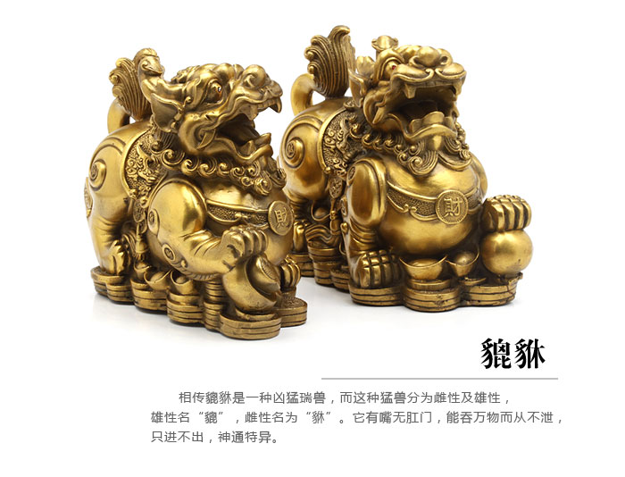 吉善缘 纯铜貔貅摆件 大号雌雄一对 招财风水摆件 家居工艺品2976