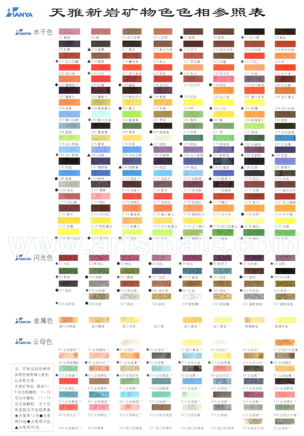 美术用品丙烯颜料包邮国画颜料/天雅牌高级矿物颜料色卡参照表