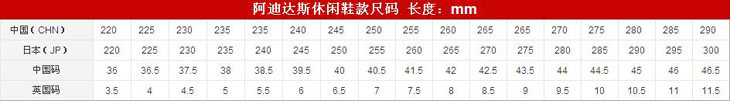 Adidas尺码对照表