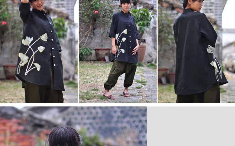 品牌<em>服饰</em>楠牌亚麻<em>长外套</em> 彩绣荷七分袖上衣 原