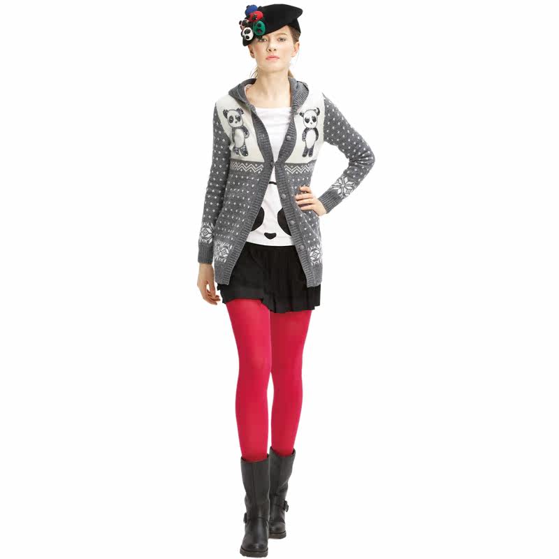 【自然元素专柜正品可爱熊猫带帽中<em>灰色开衫</em>毛